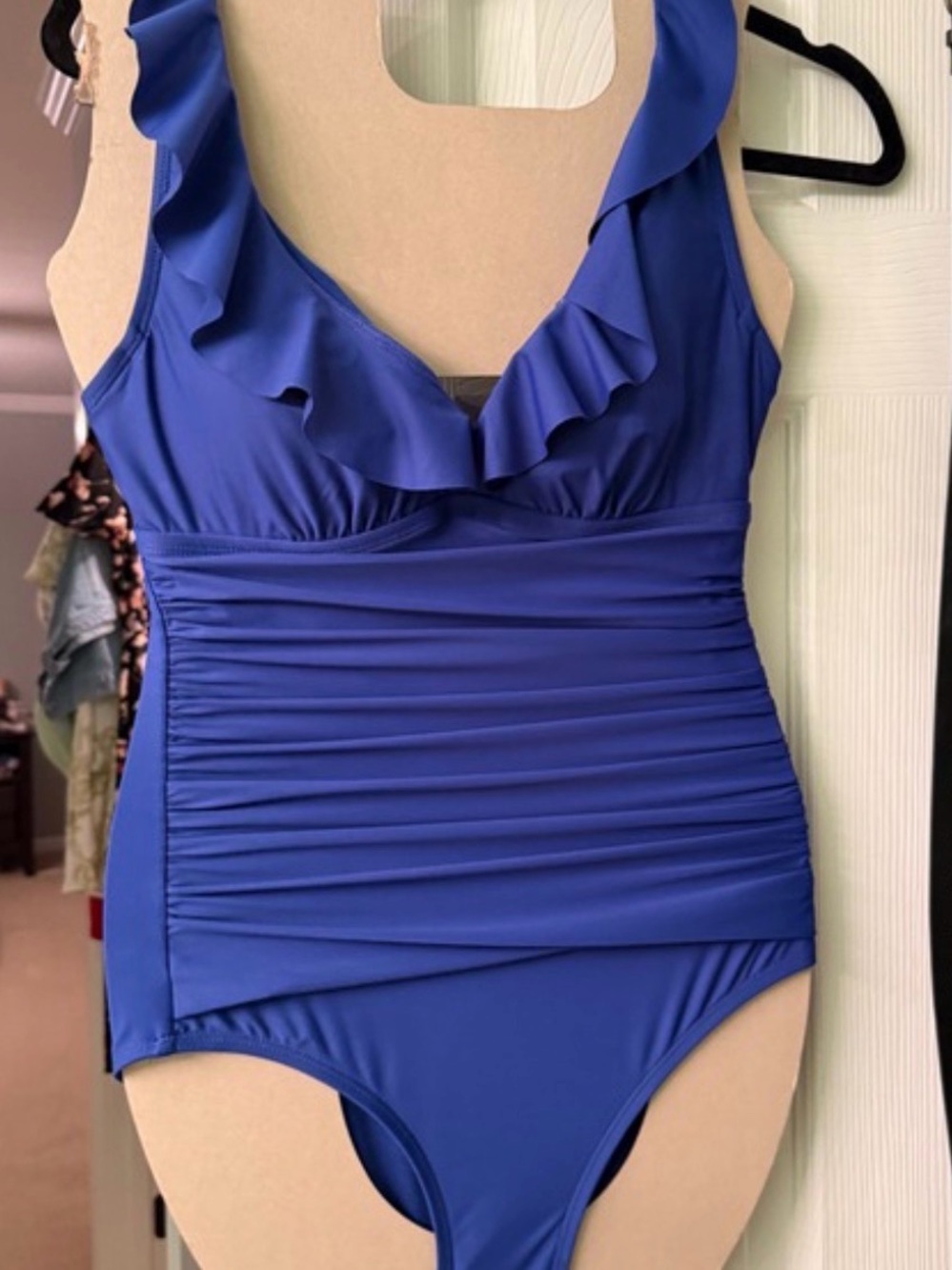Dkny Royal Blue Ruffle V-Neck One-Piece Swimsuit - Picture 1 of 6